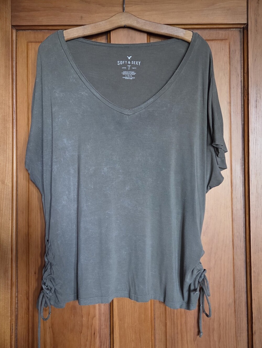 American Eagle Outfitters Olive Green V-Neck Short Sleeve Tee with Side Ties
